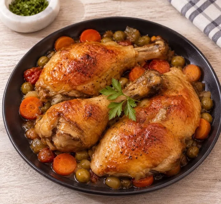 Demi-poulet sauté LAMBA aux petits pois, carottes et olives