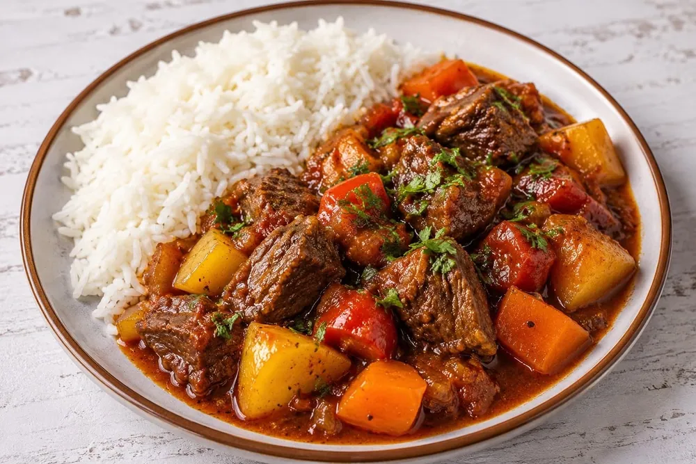Ragoût de bœuf LAMBA aux légumes, servi avec du riz